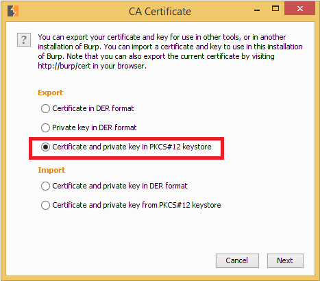 Exporting CA using Burp