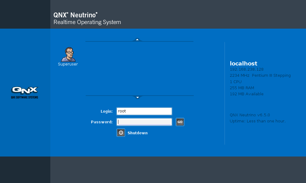 QNX login screen 