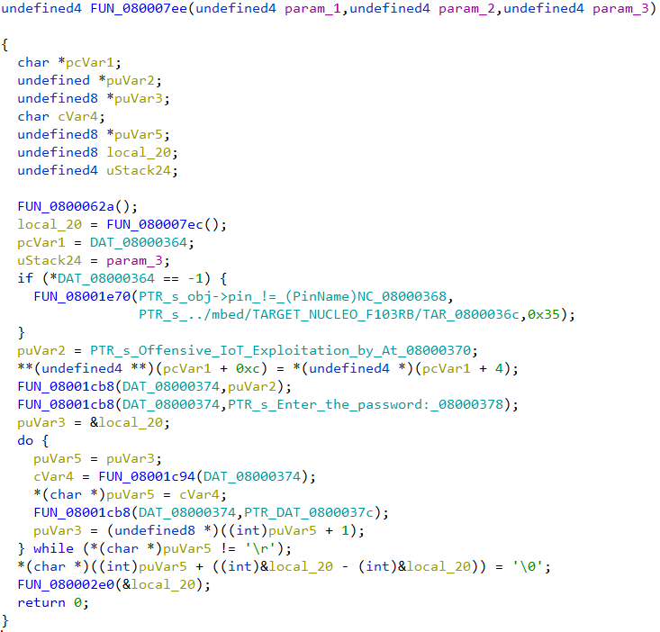 Decompiled code listing of FUN_080007ee after creating memory map with SVD-Loader