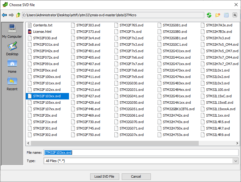 Choosing a SVD file to load